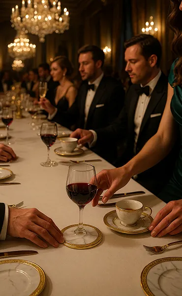 The luxurious banquet features white marble coasters.