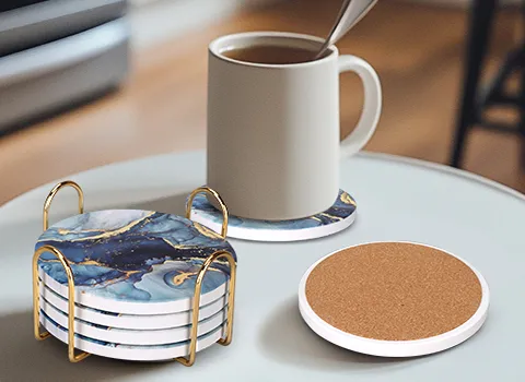 Navy Blue Marble Abstract Round Ceramic Coasters with Holder (10)