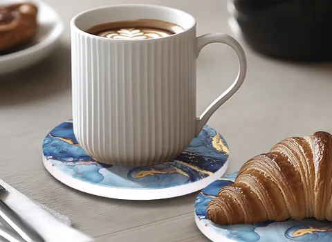 Navy Blue Marble Abstract Round Ceramic Coasters with Holder (12)