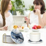 Navy Blue Marble Abstract Round Ceramic Coasters with Holder (2)