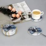 Navy Blue Marble Abstract Round Ceramic Coasters with Holder (3)