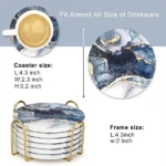 Navy Blue Marble Abstract Round Ceramic Coasters with Holder (4)
