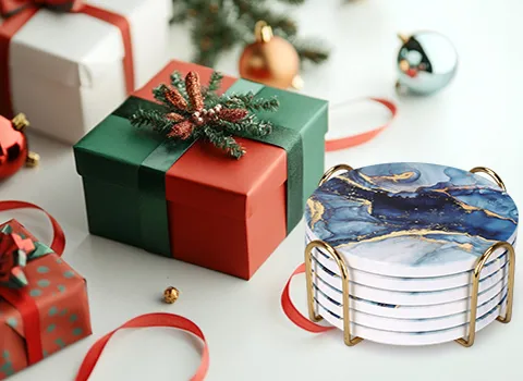 Navy Blue Marble Abstract Round Ceramic Coasters with Holder (9)