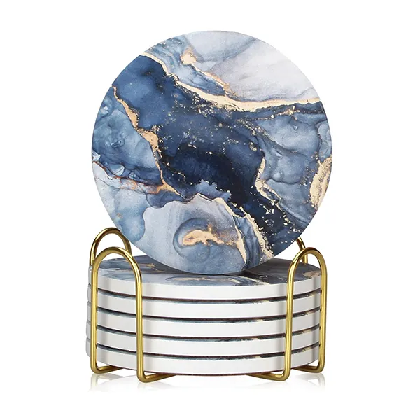 Navy Blue Marble Abstract Round Ceramic Coasters with Holder