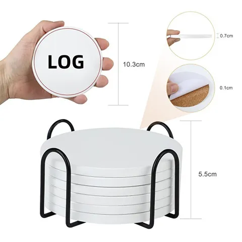custom ceramic coasters with logo printing showing size thickness and coaster holder