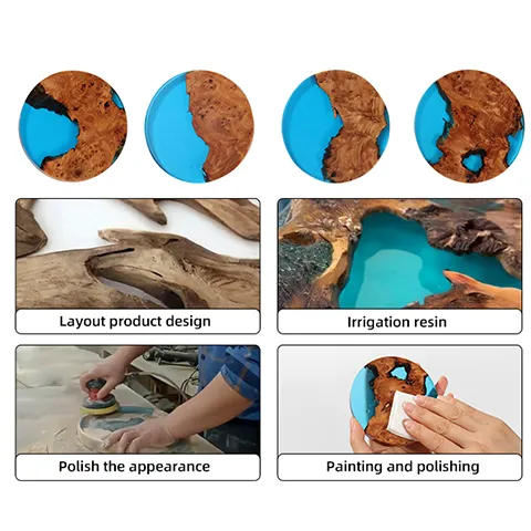 custom wood resin coaster manufacturing steps including resin pouring and surface polishing