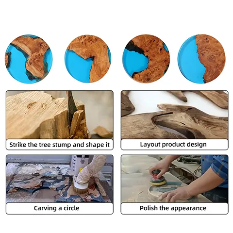handmade wood resin coaster production process showing carving, shaping and polishing