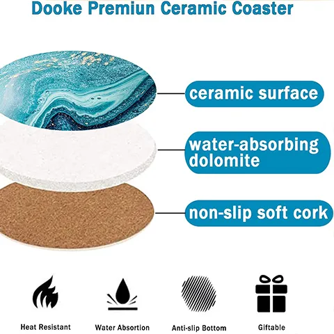 premium ceramic coasters with absorbent stone layer and non slip cork backing