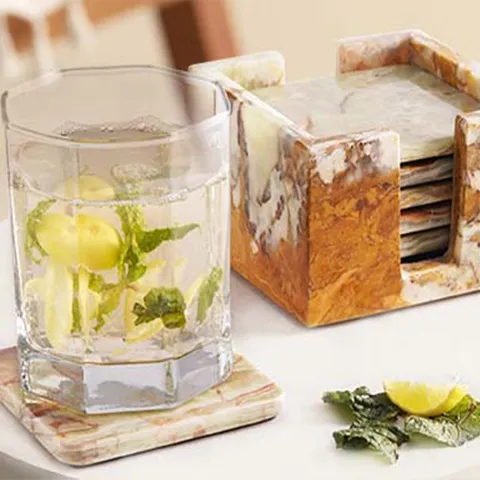 wood resin coaster set for drinks with glass cup and storage holder