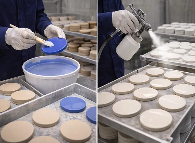 Applying glaze coating on ceramic cup coasters for smooth surface finish