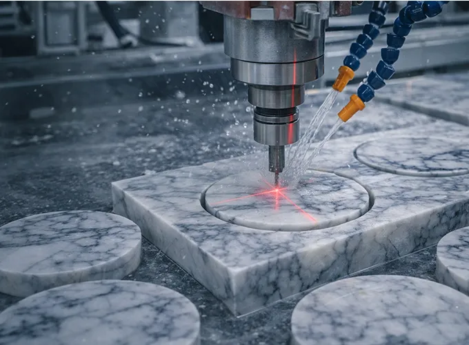 CNC machine cutting round shapes from marble slabs, using water cooling system for precision manufacturing of coasters.