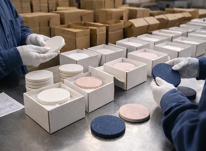 Ceramic cup coasters sorted and packed into boxes for B2B wholesale orders