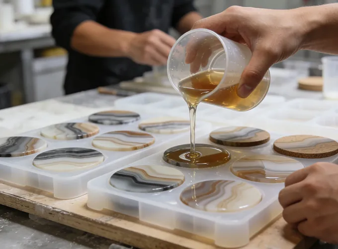 Creating marble effect epoxy resin cup coasters through layered pouring