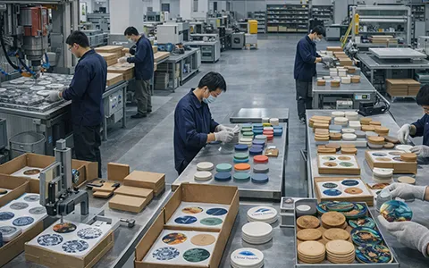 Cup coaster assembly and sorting area handling ceramic, wooden, and silicone coasters for bulk B2B customization