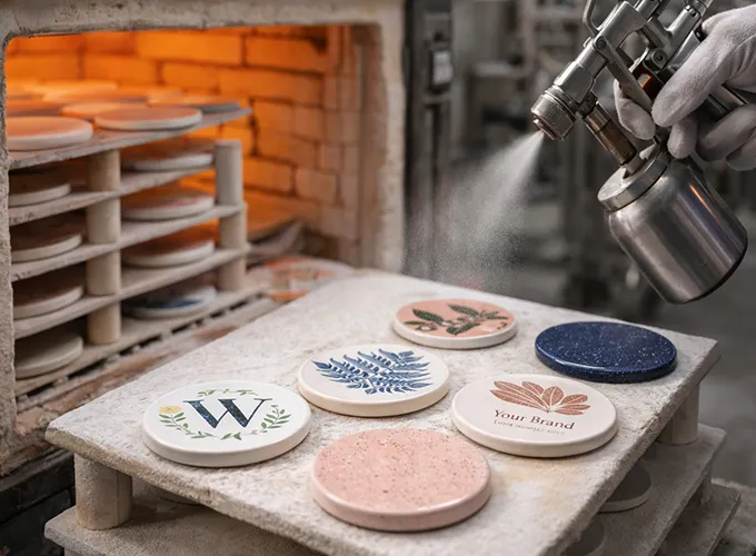 Custom printed ceramic cup coasters with logo after kiln firing process