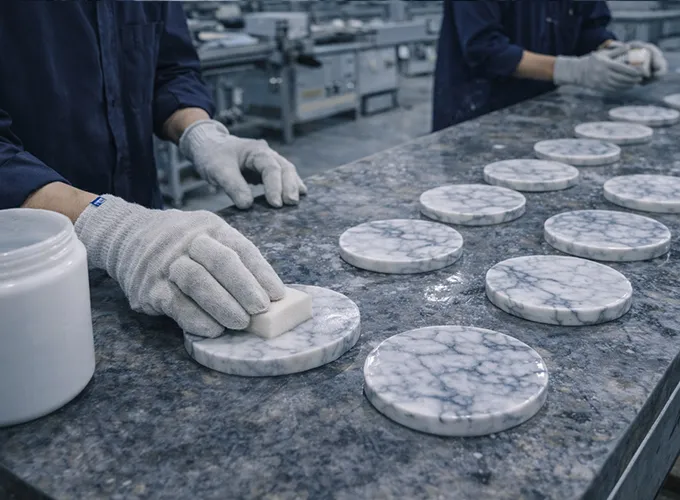 Factory workers using a sponge to clean and finish marble coasters, ensuring a high-quality surface treatment.