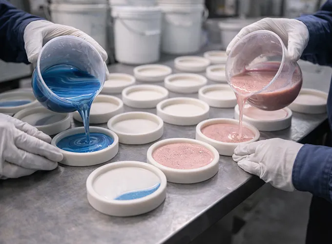 Hand pouring epoxy resin into silicone molds for cup coasters