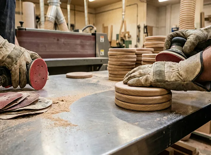 Hand sanding and polishing wooden cup coasters smooth surface finishing