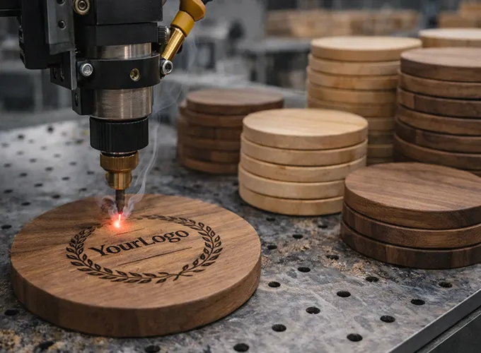 Laser engraving custom logo on wooden cup coasters OEM private label