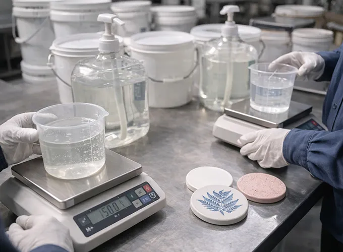 Measuring epoxy resin and hardener with digital scale for coaster production