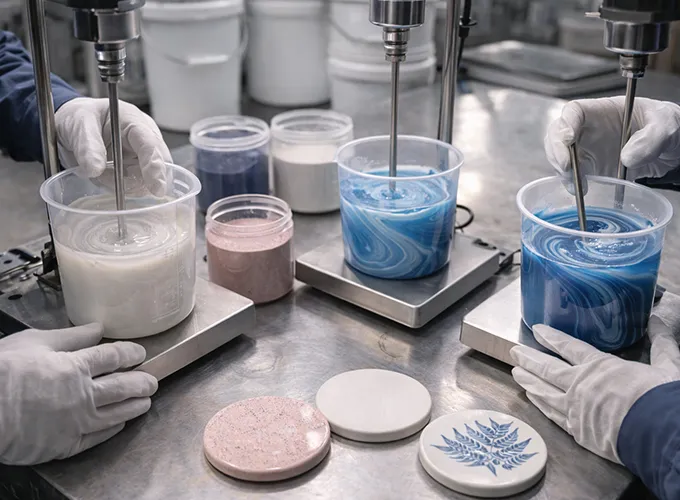 Mixing colored epoxy resin with controlled speed to prevent bubbles