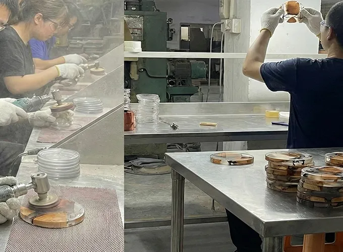 Polishing and inspecting epoxy resin cup coasters for high gloss finish