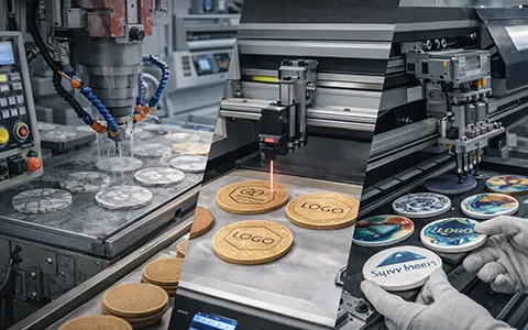 Precision CNC and laser engraving process for custom logo cup coasters in OEM factory workshop