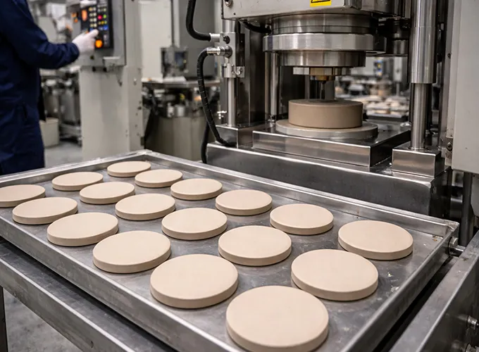 Press molding ceramic cup coasters into uniform round shapes in factory