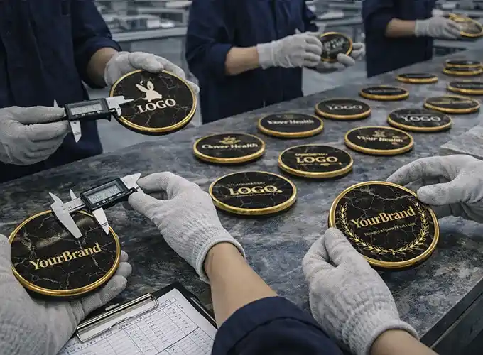 Quality control in a marble coaster production line, workers inspecting the engraved logos and measuring the size for accuracy.