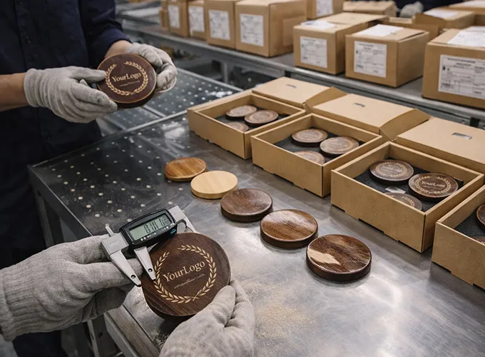 Wooden cup coasters final inspection and packaging for B2B wholesale orders