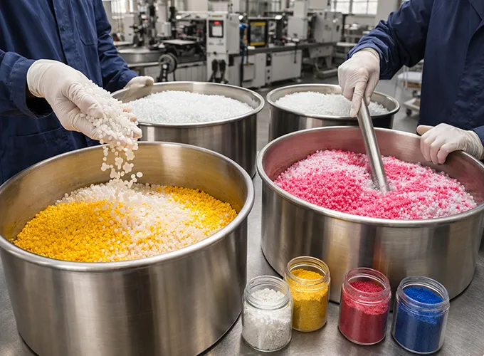 Workers add colorants to the silica gel.