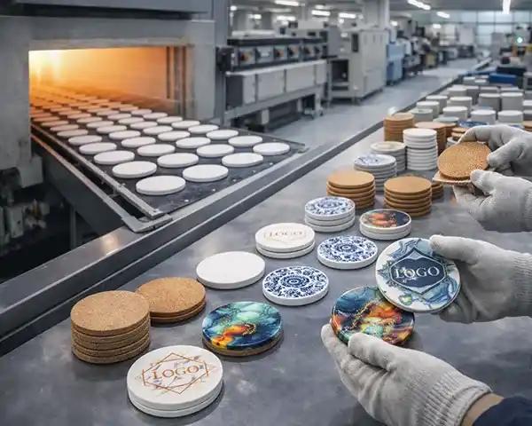 ceramic cup coasters after kiln firing with printed designs and cork backing inspection