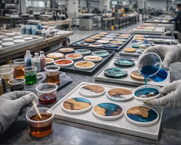 epoxy resin coasters being poured and color mixed during handcrafted production process