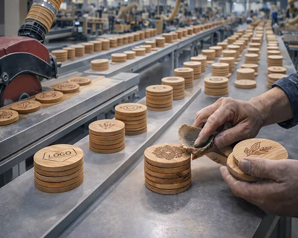 wooden cup coasters with engraved logos being hand polished in woodworking factory